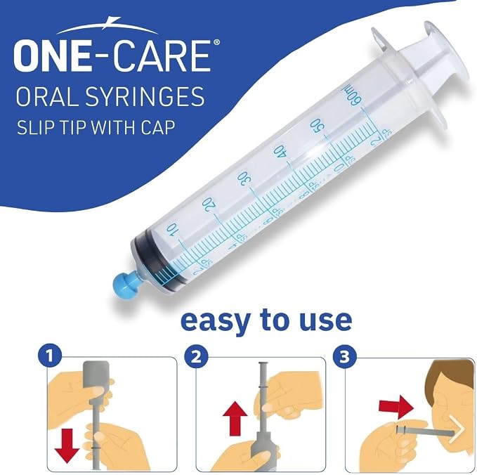 ONE-CARE 60ml Oral Syringe with Cap - Sterile, Individually Wrapped - 25 Syringes/box (25 Pack), Slip Tip, Syringe for Liquid, Versatiie use