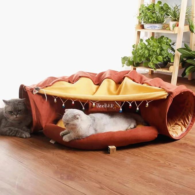 LEFTSTARER 2-in-1 Collapsible Cat Tunnel for Indoor Bed and Hideout - Pet Dog Rabbit Bunny Ferret Tunnel Tubes Toys with Removable Washable Mat, Tower Wheel Stuff