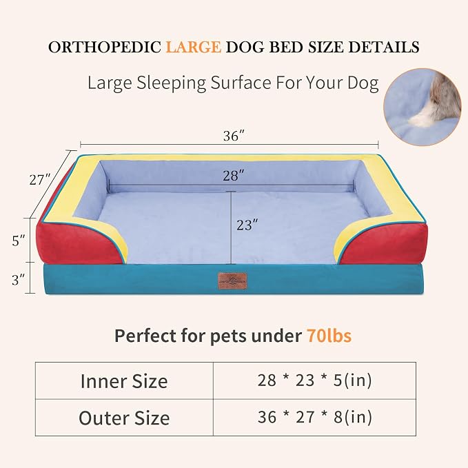 Comfort Expression Orthopedic Dog Bed for Large Dogs 36x27 Inch, Waterproof Egg Crate Foam Large Pet Bed with Bolsters, Dog Couch with Washable Cover & Non-Slip Bottom, Funfetti Fiesta