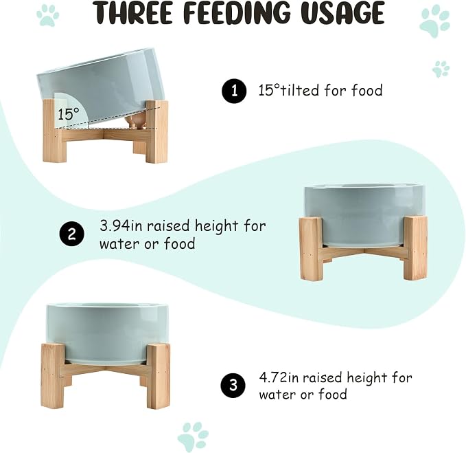 SPUNKYJUNKY 15° Slanted Ceramic Dog and Cat Bowl with Wooden Stand, Tilted Bulldog Food and Water Bowl No Slip Non-Spill for Cats Medium Dogs Big Face Pets 28.7 OZ (3.6 Cups, Morandi Green)