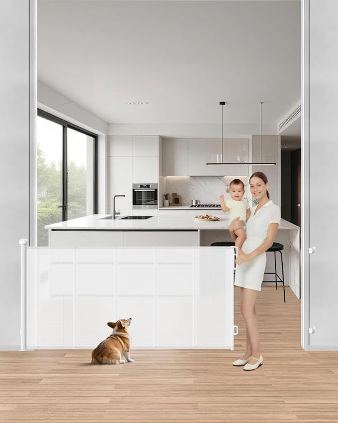 Retractable Baby Gate, 71" Wide 34" Tall Reinforced Mesh Baby Gate for Open Kitchens and Wide Doorways, One-Hand Operation Retractable Dog Gate, Fits Baseboards, White