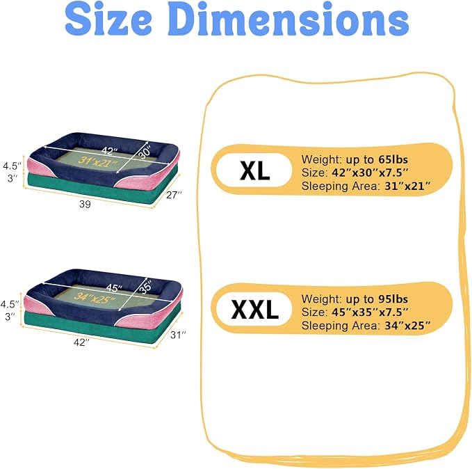 Chez Paw Large Orthopedic Dog Bed for Extra Large Dogs, Waterproof XL Egg-Crate Foam Dog Bed with Removable Washable Cover & Non-Slip Bottom, 4-Sided Bolster Support, Navy Blush 42"x30"x7.5"