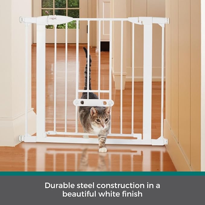 MYPET EasyPass Wide Walk Thru Pet Gate for Dogs and Cats: 29.75-37.5" Wide with Adjustable Pass-Thru Pet Door, Pressure Mounted, No Tools Needed, 30" Tall, White Metal