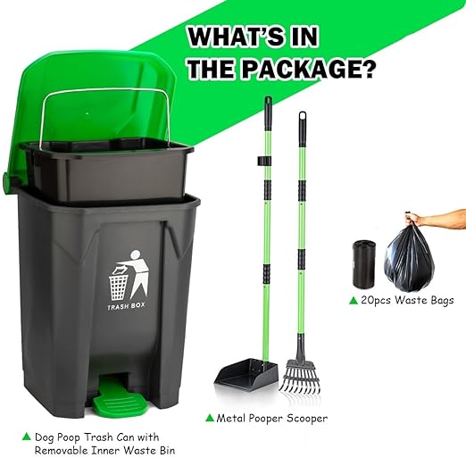 MXF Pooper Scooper Set - 28" Dog Pooper Scooper & Long Handle Stainless Metal Tray&Rake, 15 Litre Step Dog Poop Trash Can w/Removable Inner Bucket, 20 Waste Bags for Outdoors