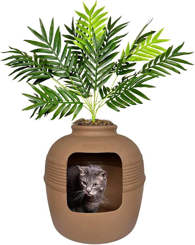 Good Pet Stuff Original Hidden Litter Box Planter, Decorative Cat Litter Enclosure, Carbon Filter, Faux Plant, Round Design, Easy To Clean, Base Kit, Palm Plant, Terracotta Brown