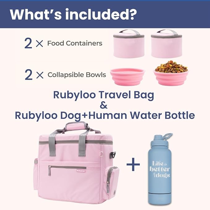Rubyloo Original Doggy Bag (Pink) & 32oz Insulated Water Bottle with Attached 8oz Bowl (Life is Better with Dogs) – Dog Travel Bag & Hydration Set