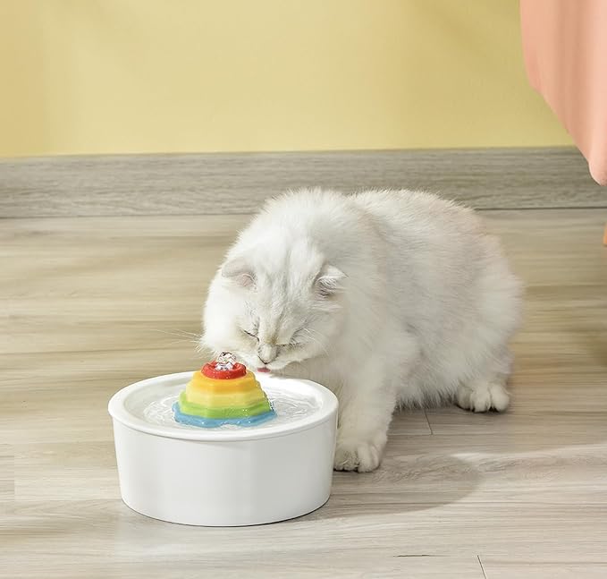 Ceramic Cat Water Fountain Rainbow Cats Tower Water Dispenser 1.5L/50.73oz Dog Water Bowl Dispenser Cat Fountain for Cats Indoor Ultra Quiet Pump Pets Water Bottle Round