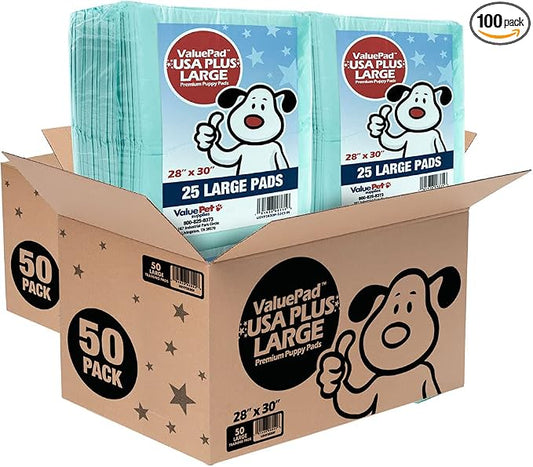 ValuePad USA Plus Puppy Pads, Large 28x30 Inch, 100 Count Bulk Pack - Premium Puppy Pee Pads for Dogs, Tear Resistant, Super Absorbent Polymer Gel Core, 5-Layer Design