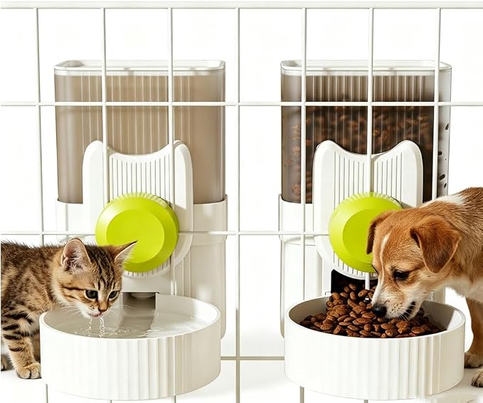 Pet Dog Cat Hanging Automatic Feeder and Water Dispenser Set, 2-in-1 Gravity Pet Food & Water Bowl for Cage, No-Spill Small Dog Rabbit Food Dispenser (Grey)