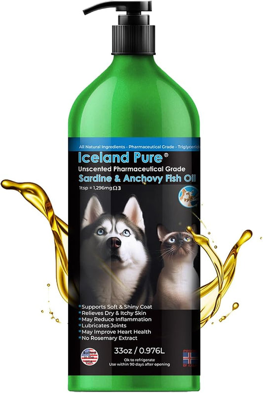 Sardine Anchovy Oil | 1296mg Omega | Unscented Pharmaceutical Grade | For Dogs & Cats | BPA-Free Brushed Aluminum Epoxy Coated Bottle with Pump 33 OZ