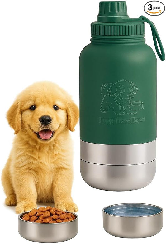 PuppiLovePets PuppiTravelBowl 3-in-1 Dog Travel Water Bottle – 32oz Insulated Aluminum Container with 2 Detachable Cups, Leak-Proof & BPA-Free Portable Feeder for Hiking and Travel – Green