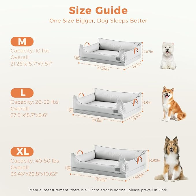 Removable Orthopedic Dog Beds for Large Dogs, Leather Memory Foam Dog Sofa Bed, Waterproof Durable Dogs Bed Couch with Non Skid Bottom for All Pet Sizes (Silver Gray, Large)