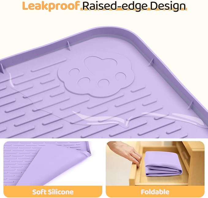 Dog Food Mat, Extra Large 50" x 35" Silicone Pet Feeding Mat with Raised Edge Pet Placemat for Small, Medium, and Large Pets Non-Slip, Easy to Clean (Purple)