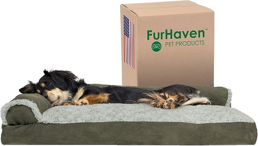 Furhaven Pillow Dog Bed for Medium/Small Dogs w/ Removable Bolsters & Washable Cover - Two-Tone Plush Faux Fur & Suede L Shaped Chaise - Dark Sage, Medium