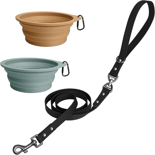 PetBonus 5 FT Waterproof Dog Leash and 2-Pack Silicone Collapsible Dog Bowls