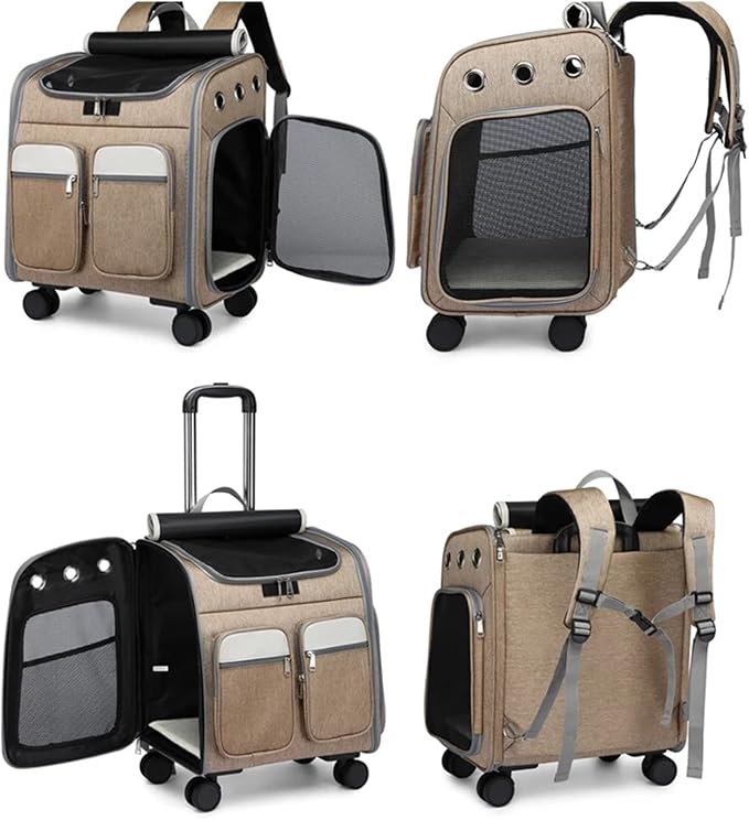 Wheeled Pet Carrier Backpack Pet Stroller,Travel Carrier with Detachable Wheels for Small Dogs Cats Puppies Up to 17 Lbs, Folding Puppy Carrier,Mesh Ventilation Windows, Storage Pockets