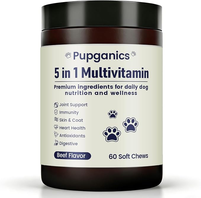 Pupganics Multivitamin Daily Soft Chews for Dog, 5 in 1 multivitamin for Hip & Joint, Heart Health, Skin & Coat, Gut & Immune Support, with Probiotics, Vitamin A/D3/E, Beef Flavor, 60 Chews (1)
