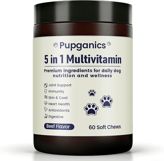 Pupganics Multivitamin Daily Soft Chews for Dog, 5 in 1 multivitamin for Hip & Joint, Heart Health, Skin & Coat, Gut & Immune Support, with Probiotics, Vitamin A/D3/E, Beef Flavor, 60 Chews (1)