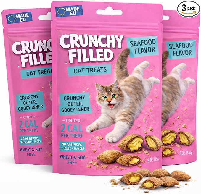 Calming Cat Treats for Indoor Cats – Crunchy Soft Pillow Bites with Gooey Center – Seafood Low Calorie Kitty Treats – Cat Snacks Food Topper Training Reward Wheat Soy Free Healthy Dental – 9oz