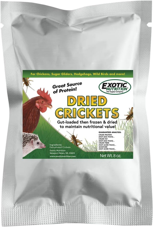 1 Pound Dried Crickets - High Protein Insect Treat - Chickens, Wild Birds, Hedgehogs, Bluebirds, Reptiles, Sugar Gliders, Opossums, Skunks, Lizards, Bearded Dragons, Fish, Turtles 8 oz. (2 Pack)