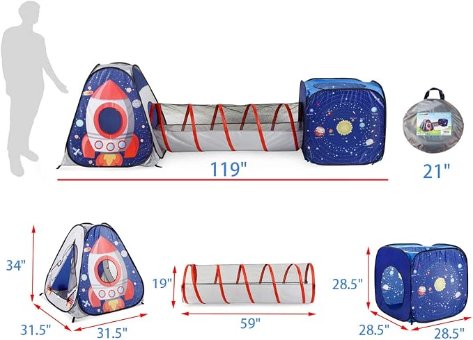 UTEX 3pc Space Astronaut Pop Up Play Tents with Tunnels for Kids, Boys, Girls, Babies and Toddlers, Indoor/Outdoor Playhouse ¨CStem Inspired Design W/Solar System & Planet
