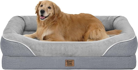 Chez Paw Large Orthopedic Dog Bed for Extra Large Dogs, Waterproof XL Egg-Crate Foam Dog Bed with Removable Washable Cover & Non-Slip Bottom, 4-Sided Bolster Support, Silver 42"x30"x7.5"