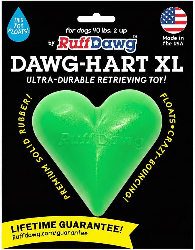 Ruff Dawg Indestructible Dawg-Hart (Heart) XL 4” – Heavy-Duty Solid Rubber Dog Fetch Toy for Dogs 40 lbs & Up – Floats & Crazy Bounce – Made in USA – Assorted Neon Colors