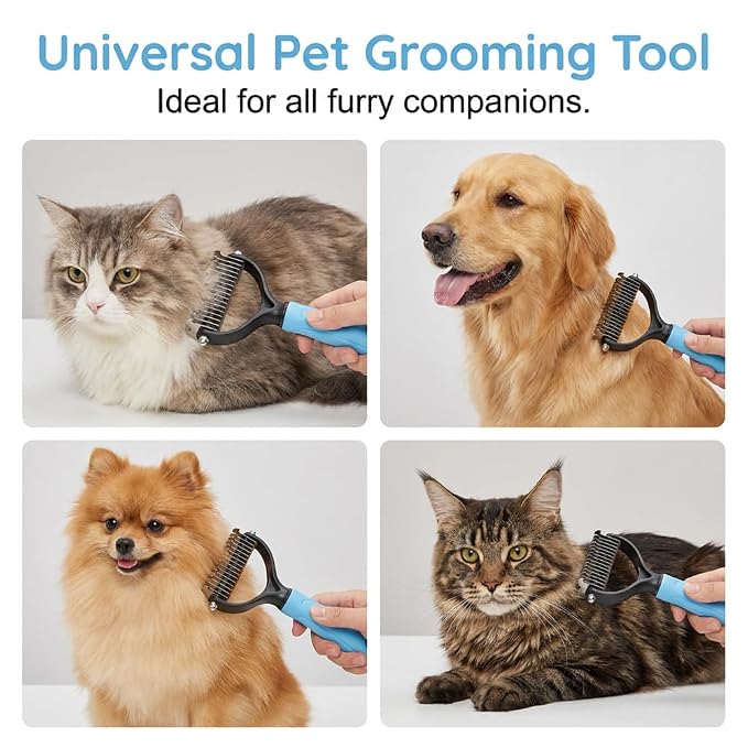2-in-1 Dematting Comb for Dogs Cats, Double-Sided Undercoat Rake Deshedding Brush, Pet Pro Grooming Tool Removes Tangles Knots Fur, Gentle Grooming Brush for Long Haired Pets (1PC Pink)