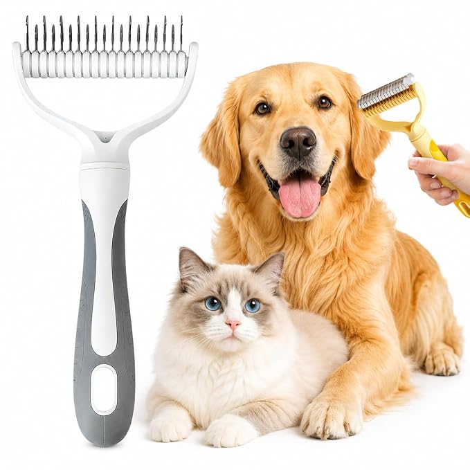 Dematting Comb for Dogs and Cats, 2026 Upgrade Undercoat Rake Pet Brush for Long Hair, Deshedding Dog Brush Removes Tangles Knots and Loose Fur, Grooming Tool for Thick Coats (Gray) (Gray,2Pcs)