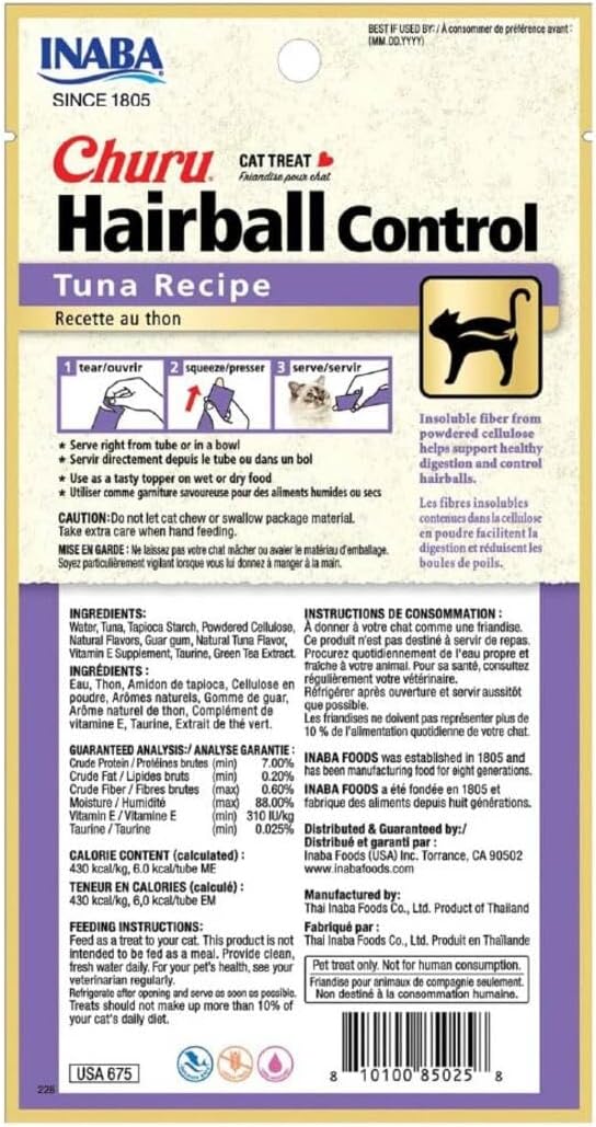 INABA Churu Indoor Care for Hairball Control, Functional Lickable Cat Treat with Taurine & Green Tea Extract, 0.5oz Each, Tubes, Tuna Recipe (Pack of 48)