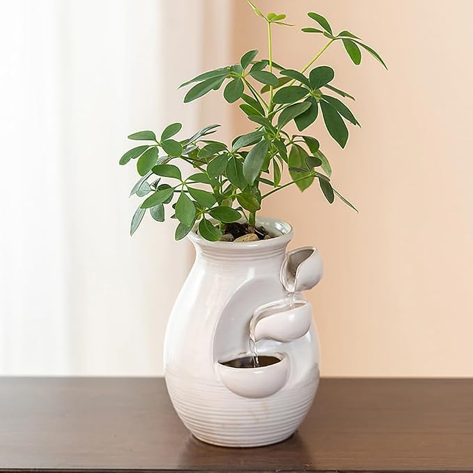 Ceramic Tabletop Desktop Fountain Water Feature Waterfall Home Indoor Decoration (White)