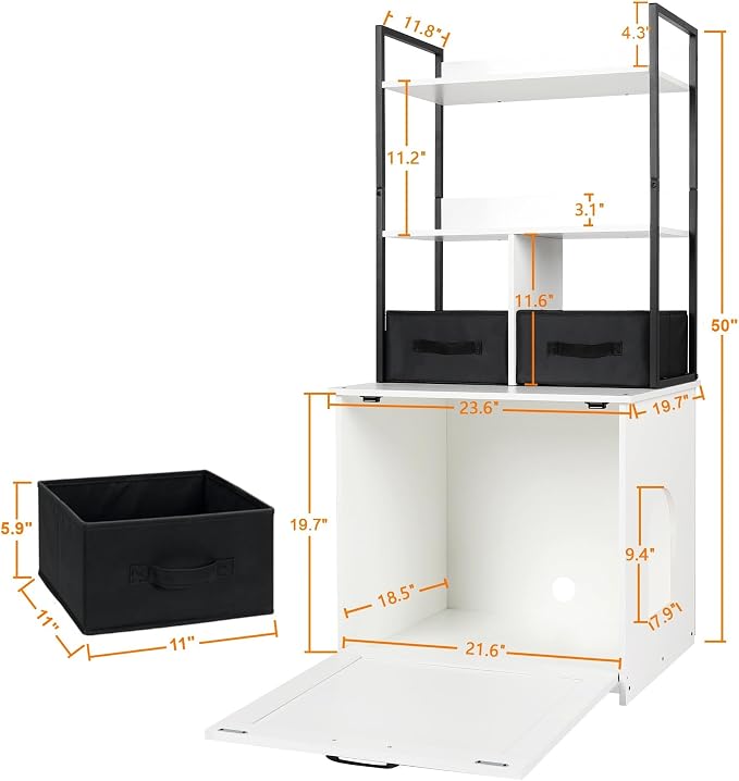 DWANTON Litter Box Enclosure with 2 Storage Shelves and 2 Drawers, 2-in-1 Hidden Cat Litter Box Enclosure Furniture with Shelf, Reversible Entrance, Washable Drawers, 50-Inch, White