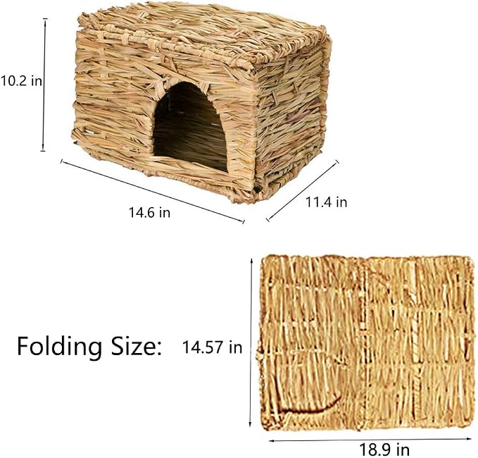 Tfwadmx Rabbit Grass House, Extra Large - Natural Hand Woven Seagrass Play Hay Bed, Hideaway Hut Toy for Bunny Hamster Guinea Pig Chinchilla Ferret