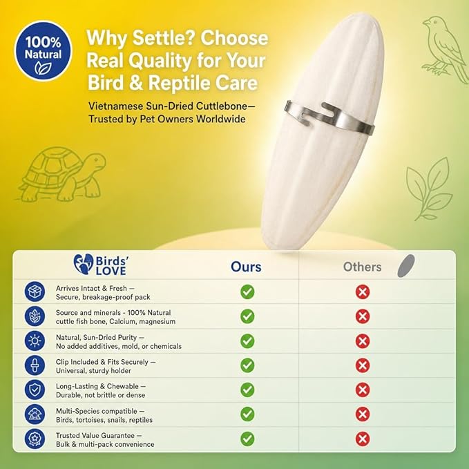 Birds LOVE 5.5-6″ Cuttlebone for Birds – 100% Natural Sun-Dried Calcium & Beak Conditioning Supplement for Parakeets, Budgies, Cockatiels, Finches & Canaries – 2 Pack with Holder – Made in Vietnam