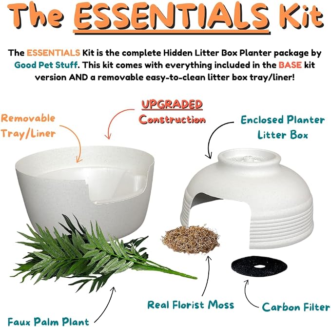 Good Pet Stuff Original Hidden Litter Box Planter, Decorative Cat Litter Enclosure with Carbon Filter, Artificial Palm Plant, Upgraded Design, Easy Clean Litter Tray, Essentials Kit, White Birch