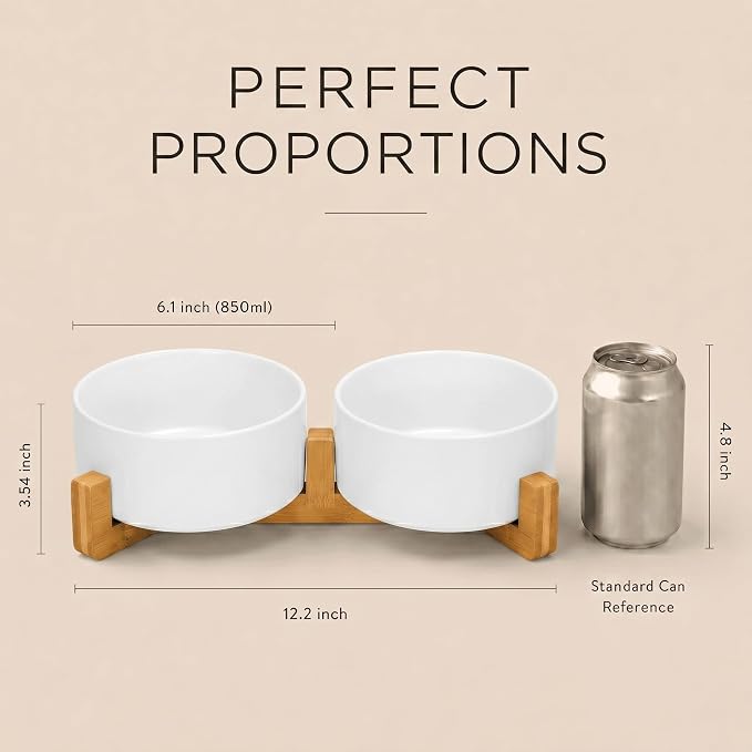 SPUNKYJUNKY Ceramic Dog and Cat Bowl with Wood Stand Non-Slip Matte Glaze Weighted Food Water Set for Cat Medium Dog 28.7 OZ