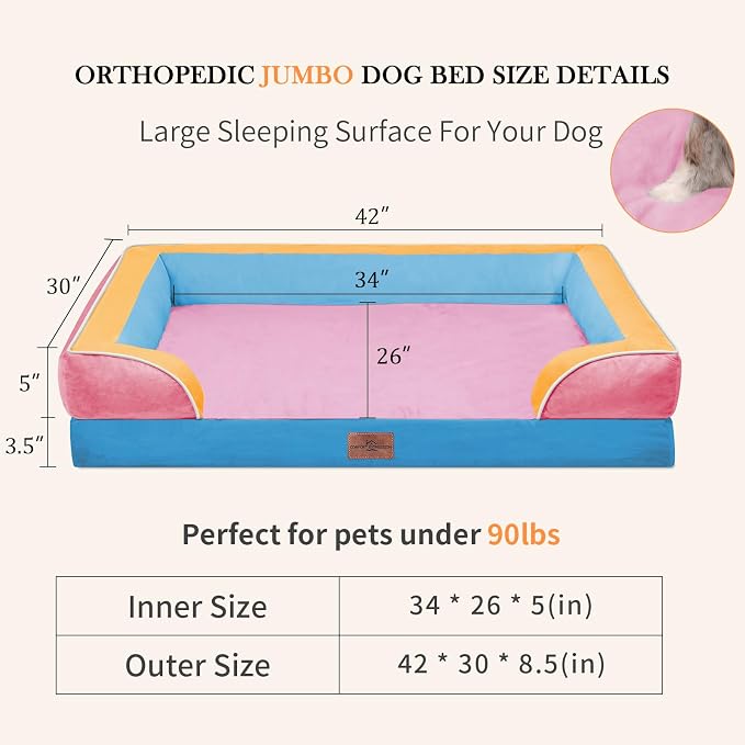 Comfort Expression Orthopedic Dog Bed for Extra Large Dogs 42x30 Inch, Waterproof Egg Crate Foam XL Pet Bed with Bolsters, Dog Couch with Washable Cover & Non-Slip Bottom, Bubblegum Cove
