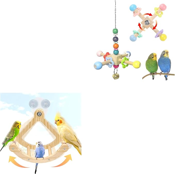2PCS Natural Wood Bird Spinner Toys & Rocking Perch Set - Chewing Hanging Toys with Bells & Window-Mounted Perch for Cockatiel, Conure, Lovebird, Budgie, Quaker