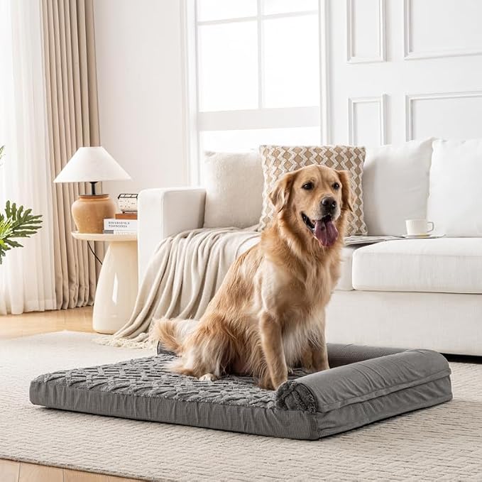 Dog Bed, L-Shaped Plush Sofa with Bolster, Memory Foam Pet Bed, Machine Washable Cover, for All Dog and cat Breeds (Dark Gray, 42" x 30" x 6.5")