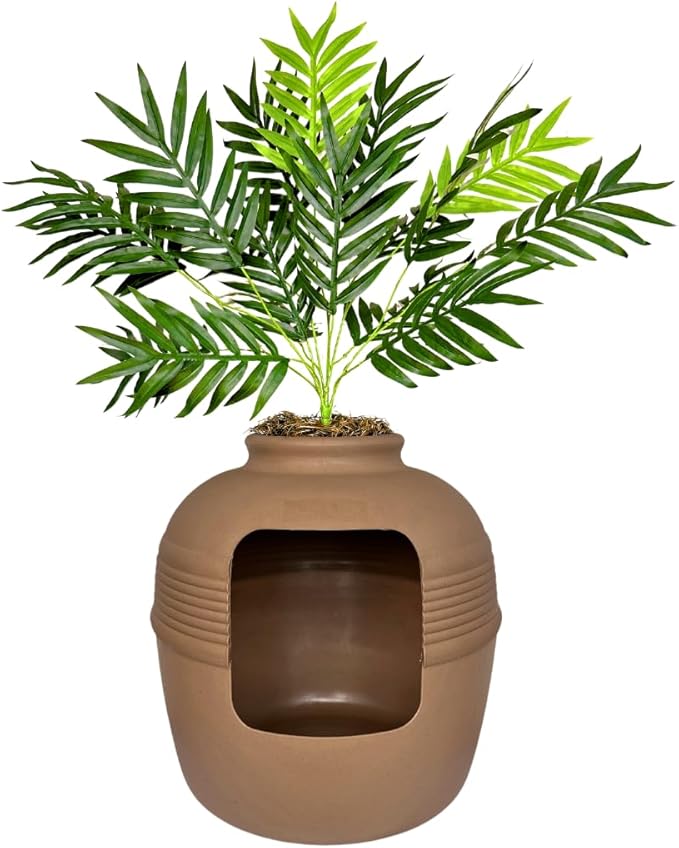 Good Pet Stuff Original Hidden Litter Box Planter, Decorative Cat Litter Enclosure, Carbon Filter, Faux Plant, Round Design, Easy To Clean, Base Kit, Palm Plant, Terracotta Brown