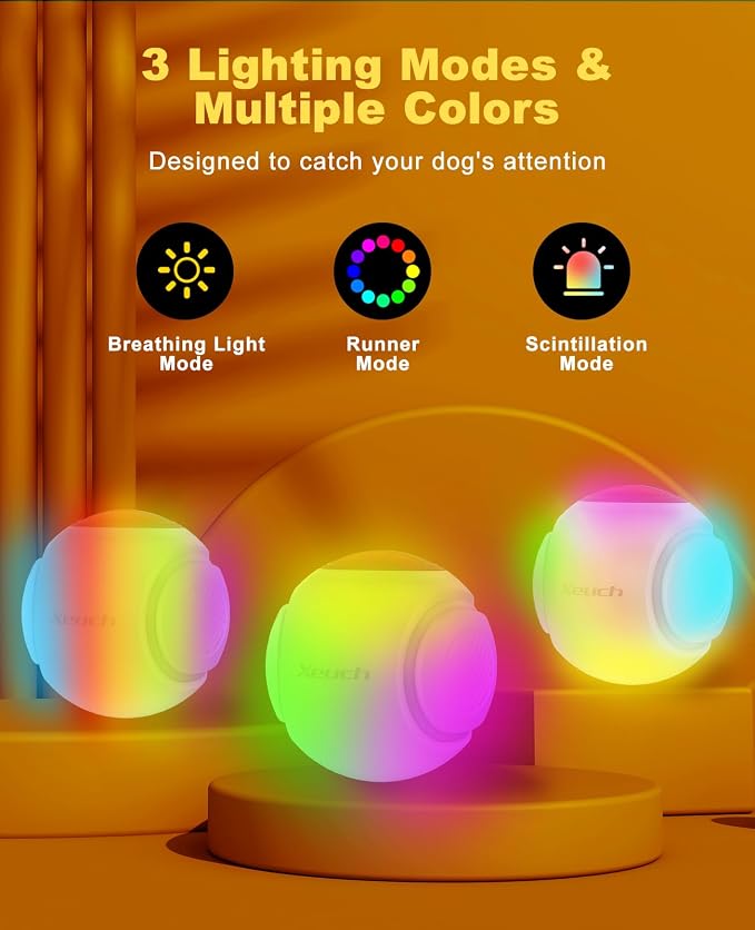 Xeuch Light Up Dog Balls, LED Dog Toy Ball Rechargeable, Bounce-Activated Durable Fetch Ball Grow in The Dark, Night Glowing Toy, Natural Rubber, Color Changing LED, 2.5 inches-Orange