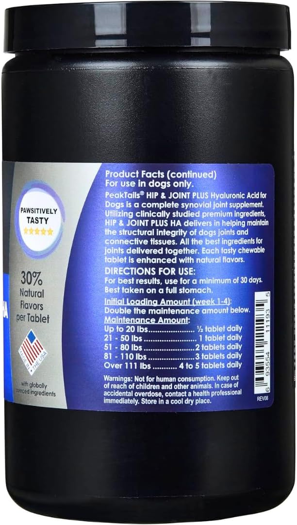 KALA HEALTH PeakTails Hip & Joint Plus HA for Dogs – 150 Tablets, Glucosamine, Chondroitin, OptiMSM, Ester-C & Hyaluronic Acid – Supports Joint Mobility & Comfort