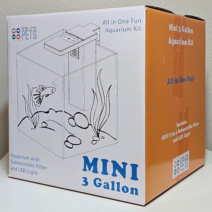 Level One Pets 3 Gallon Mini Betta, Small Fish Aquarium Kit - Includes Duo 2 in 1 Submersible Filter with LED Light