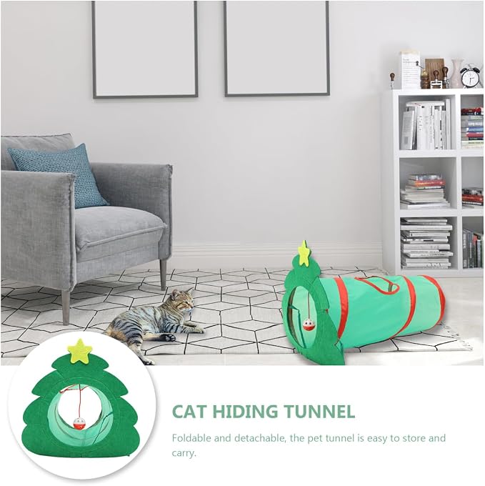 Christmas Tree Cat Tunnel Toys, 22" Foldable Indoor Cat Maze Tunnel with Crinkle Bell Ball for Kittens Puppy Small Pets Playing (Christmas Tree)