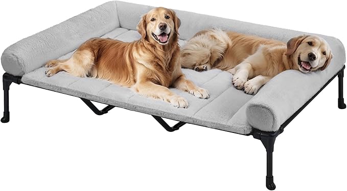 Veehoo Orthopedic Elevated Dog Bed with Fluffy Plush Bolster Cushion, Indoor Raised Dog Beds for Large Dogs, Soft Pet Sofa Cot with Removable Washable Mat, No-Slip Feet, 59 x 37 inches, Grey