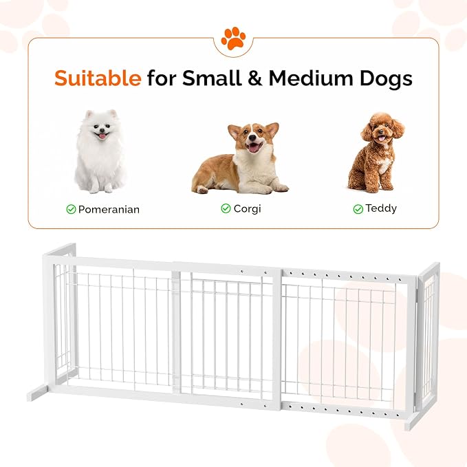Bonnlo Free Standing Dog Gate, 37" - 68" Wide Pet Gate for Fireplace Stairs Doorways, Metal Adjustable Pet Fence Indoor, Christmas Tree Gate (Metal-White)