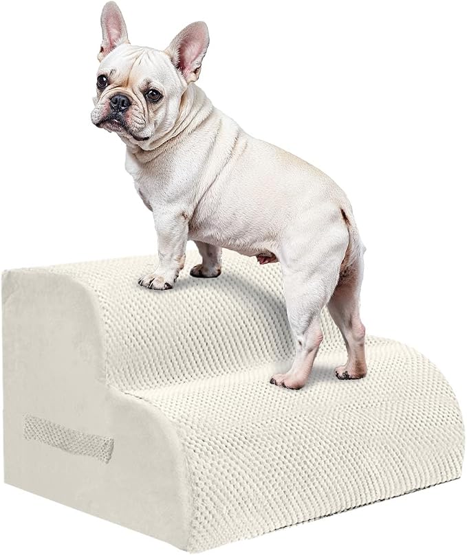 PAWSCRAT Dog Stairs for Small Pets, 11.8" H with 30D Material Soft Foam, Portable Ramp Non-Slip Surface Non-Slip for Couch and High Bed Climbing, 2-Step Stairs for Cat or Dog, Beige