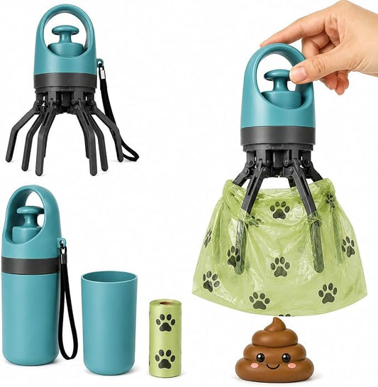 Portable Dog Poop Scooper with Built-in Bag Dispenser One Hand Pet Waste Picker, Lightweight Dog Waste Grabber with 15 PCS Waste Bags for Walking, Yard & Travel