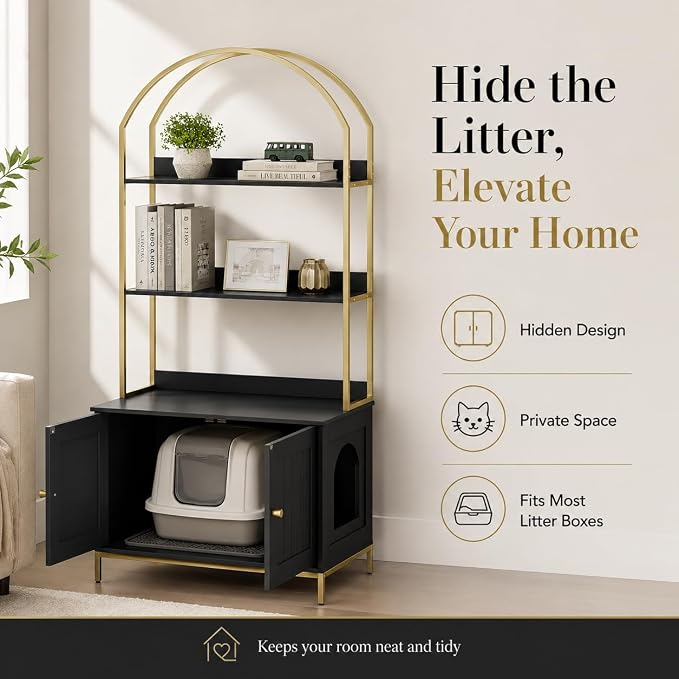 Homhedy Cat Litter Box Enclosure, Litter Box Furniture Hidden with 2-Tier Storage Shelves, Wooden Cat Washroom Furniture with Metal Frame, Modern Style, Black and Gold
