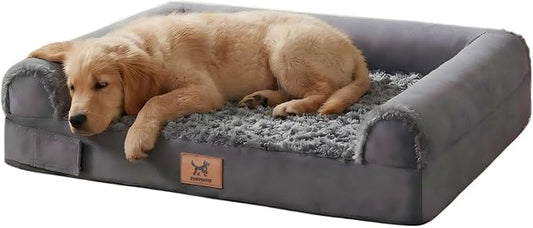 Orthopedic Dog Bed - Breathable Egg-Crate Foam Sofa Couch with Bolster, Water-Resistant Liner & Washable Rose Velvet - Ideal for Corgis, French Bulldogs, Dark Gray, L (35'' x 22'')
